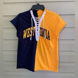 WEST VIRGINIA custom lace up t-shirt Mountaineers blue gold WVU sports sz S EUC